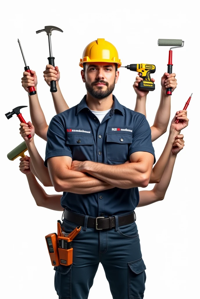 Image of an electrical technician up to the waist, com o fundo branco, several arms coming out from behind and each one with a different small tool, uma chave Philips, a screwdriver, alicate universal, hammer to remove nails, multimeter, Dewalt cordless screwdriver and paint roller, with plenty of white space next to the image, aligned image, uniform written DLM residential maintenance.