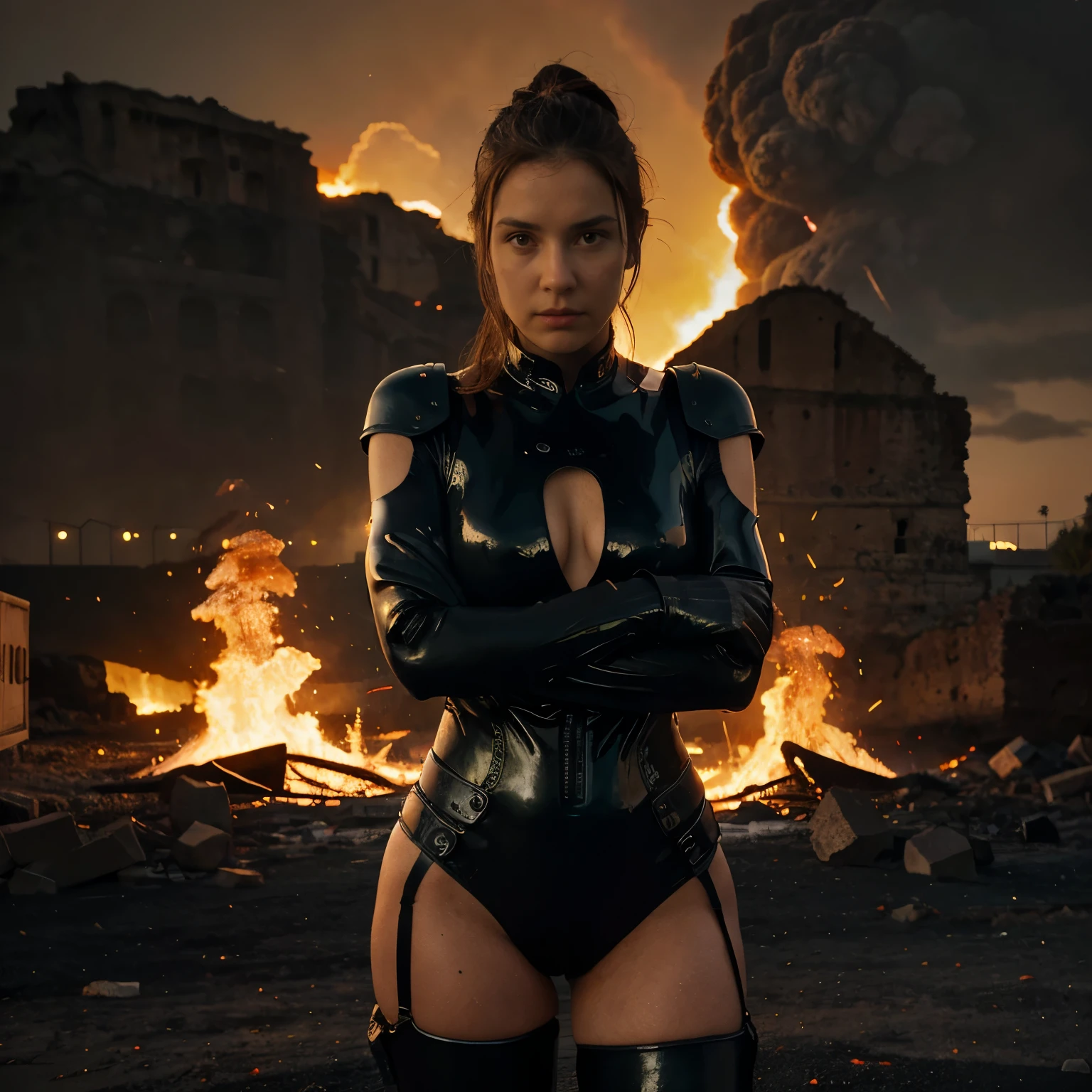 In a breathtaking 8k render with HDR detail, Vesuvius erupts violently, sending incandescent lava cascading down the slopes, submerging the ancient city of Pompeii. Roman ruins lie wasted, with the once-grand Colosseum reduced to remnants. Dawn breaks over the ancient city of Pompeii, casting a haunting light on the chaotic scene. The heyday of ancient Rome is vividly captured with the erupting volcano in the backdrop, as lava flows through the streets and over houses engulfed in flames. Roman pillars dominate the foreground, their weathered stone surfaces close up, highlighted by the fiery glow of destruction.
In the dimly lit room, a striking European woman stands poised for battle, her sleek black combat suit hugging her toned figure, exuding a sci-fi atmosphere. Neon lights faintly illuminate her determined expression, with piercing green eyes gleaming with intensity. Her fair skin contrasts sharply with her dark attire, while her short, messy, reddish-brown hair cascades off her shoulders, framing her round yet defined face. The image, taken in a Dutch angle, emphasizes her readiness for action, showcasing her form-fitting suit, combat boots, and the gritty, futuristic environment she inhabits.Ancient Roman pillars, stone, weathered, front view, close-up detail, lava flow, glowing orange, molten rock, streets in flames, Roman ruins, Colosseum, wasted, crumbled stone, dawn light, soft pink and orange hues, backdrop of Vesuvius, erupting, smoke clouds, ash falling, city of Pompeii, streets submerged, houses burning, flickering flames, European woman, sleek black battle suit, leather-like material, shiny finish, tight fit, accentuating her toned figure, sci-fi atmosphere, neon lights, faint glow, short messy reddish-brown hair, cascading off shoulders, round defined face, piercing green eyes, intense gaze, fair skin, strong contrast, combat boots, heavy, dark, ready stance, Dutch angle, dynamic composition, futuristic setting.