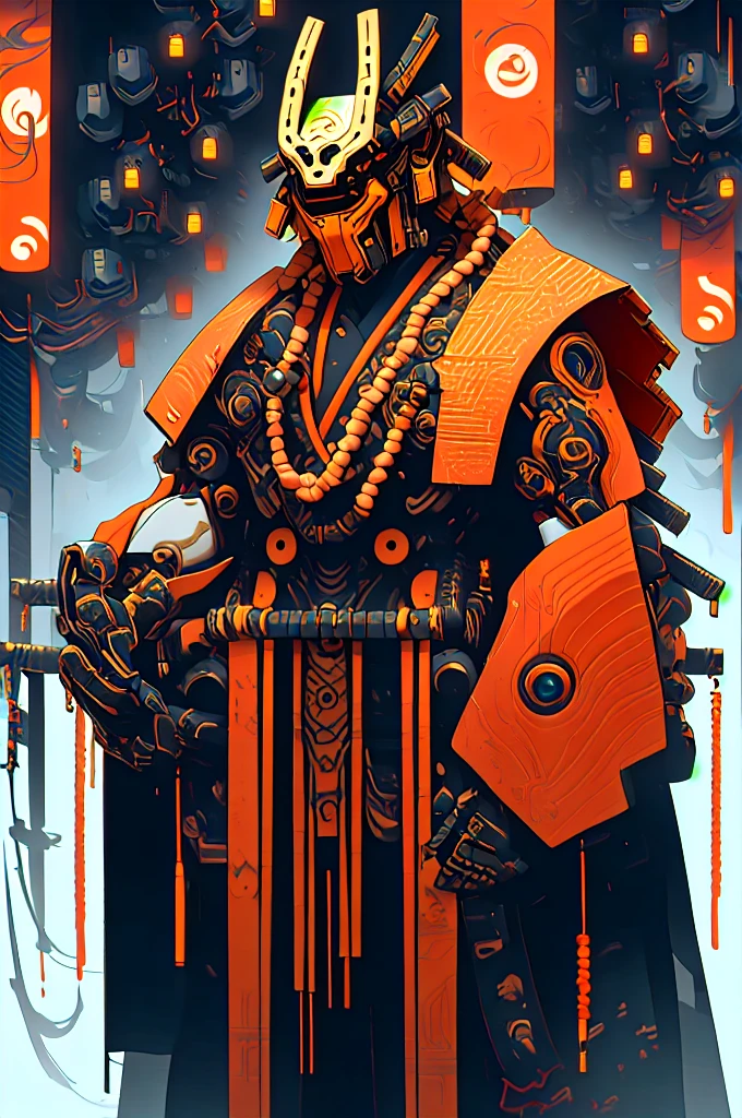 masculine male samurai, strong stature, mechanical body, futuristic kimono, cyberpunk aesthetic, long masculine braided hair, high fantasy environment, feudal Japan, high-tech Zen Garden, futuristic samurai armor, high quality, drawn anime style, perfect anatomy, turning at an angle,