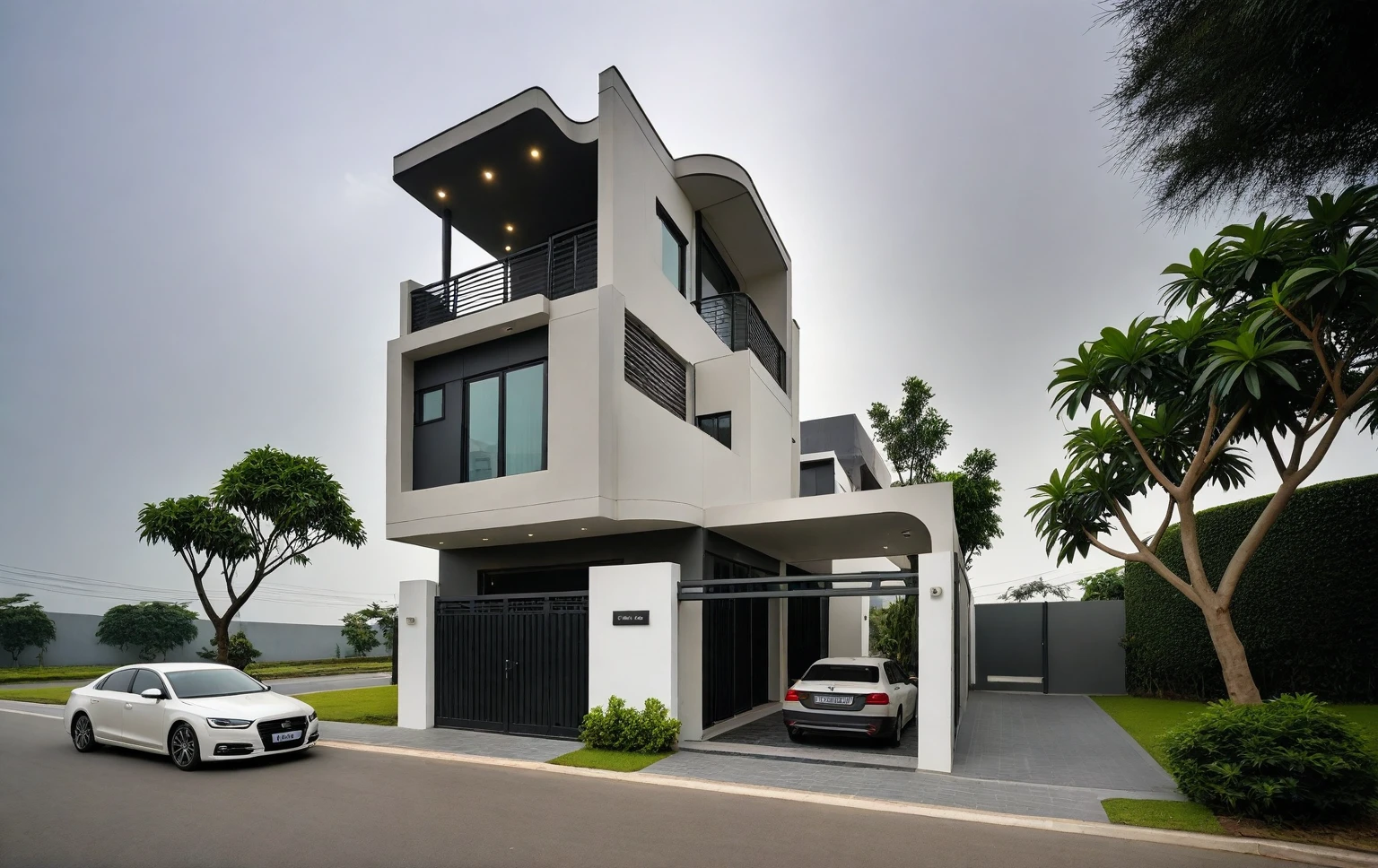 RAW photo, a photo of a modern house, (curvilinear chrchitecture:1.4), Wabisabi style rounded wall, white wall, steel dark gate, sidewalk, sidewalk trees, ((grey gate:1.2)), road, viet nam modern residence, ((architectural shot)), rough white wall, new residential area, wide angle exterior 2022, contemporary house, exterior photography, masterpiece, contemporary architecture, overcast, indirect lighting