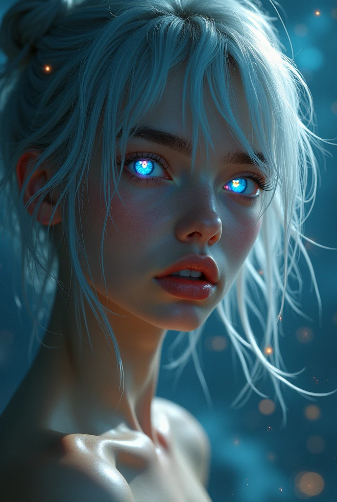 (Close-up of a better masterpiece:1.5)0.9], (Space and astronauts:1.2) (Messy silver hair:1.1) (Heterochromia xanthochromia and blue eyes:1.2) (Space Helmet:1.0) (Colored stars in the eyes:1.0) (A radiant glow:1.1) (thick lips:0.9) (big tits) (naked)