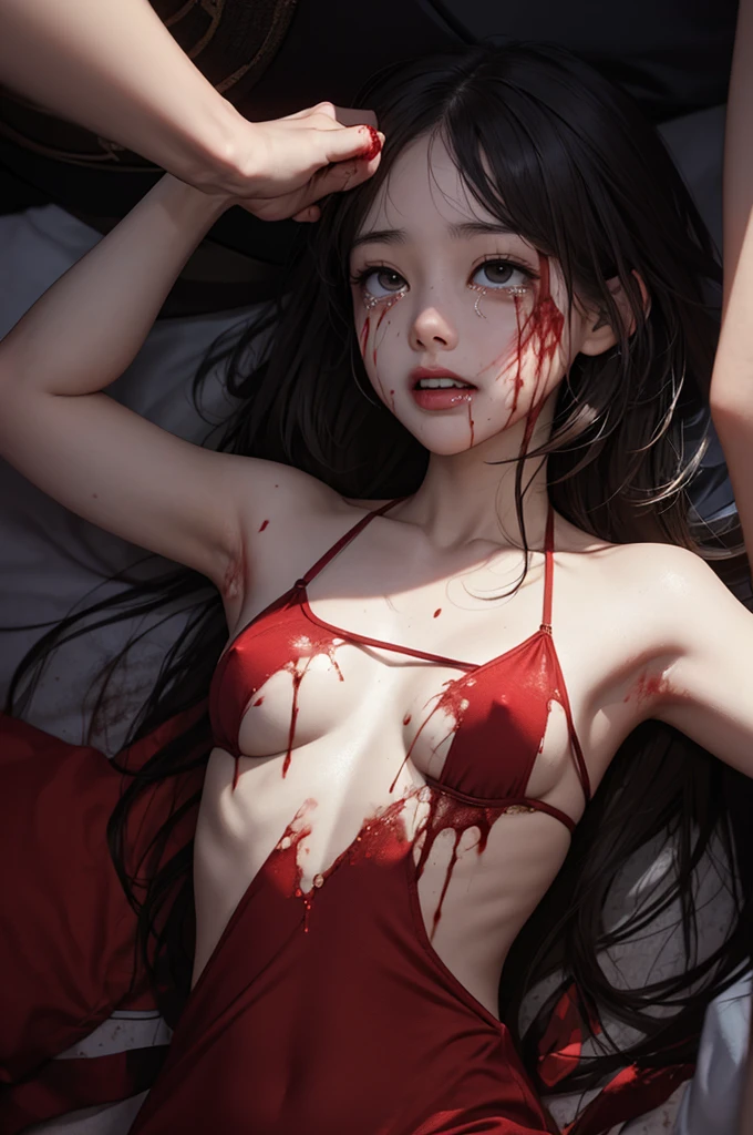 Highest quality, masterpiece, look up, cute,(Horror),(((少女の美しいzombie))),((zombie)),((This girl is dead)),(Being attacked),Trying to bite,(((Bleeding,Injured))),(((Shedding tears of blood))),((口からBleeding)),((Covered in blood)),(A body covered in wounds),((zombieに身体中を噛みつかれた)),((Sexy)),(sexy),((Small breasts)),(Baby Face),(Middle school students),(((Masturbation))),((semen)),Beautiful Style,(((Lower body exposed))),(((Pale skin))),((Sensual look)),Sexy表情,Expressions of delight,((Crazy Smile)),((Ahegao)),(Dark atmosphere),(Dark atmosphere,fear),((Dim lighting))