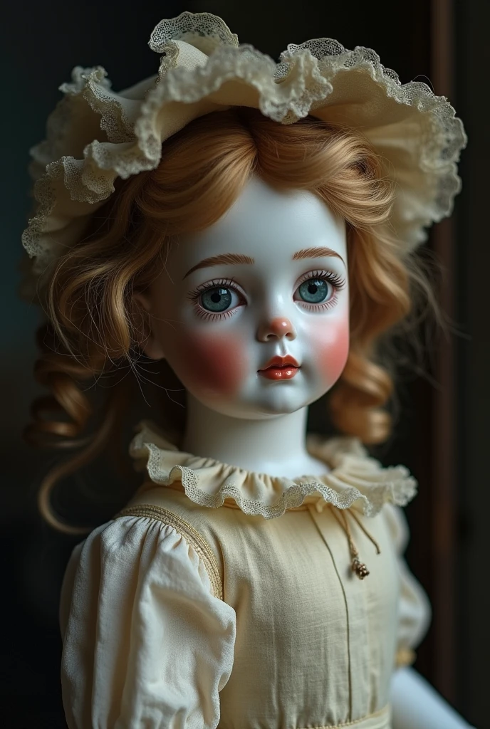 Mother went to a market and she found an antique porcelain doll. Its glassy eyes seemed to follow her as she moved. Scary vibe 