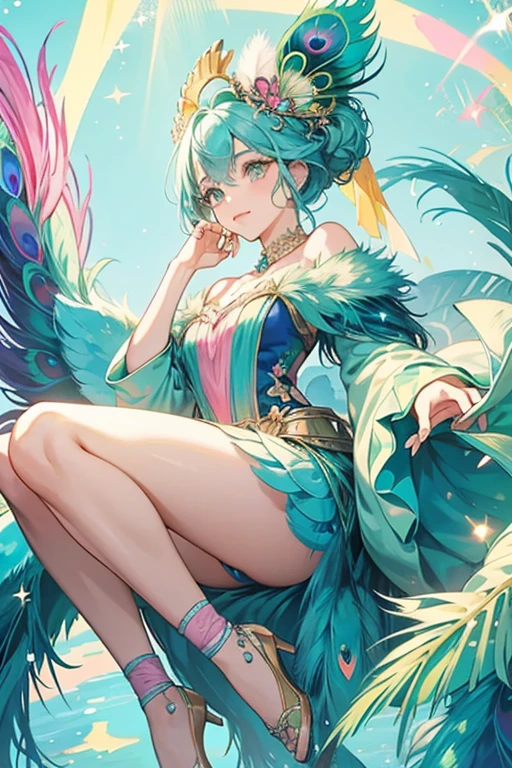 Glama is a blue girl peacock with light blue feather tufts on her head, green, yellow, pink, and blue tail feathers, a yellow beak and feet, and pink cheeks. SPARKLE; GLITTER