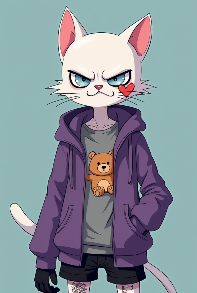 create a skinny male white humanoid cat, with a scar on her face, wearing an open purple sweatshirt and a gray t-shirt, with teddy bear print, black gloves, A pair of black shorts, light blue eyes with an angry expression, the back of the eyes are a bit red and tired, crazy face, he has some tattoos on his body, O estilo de arte deve ser o estilo Cartoon Adventure Time 