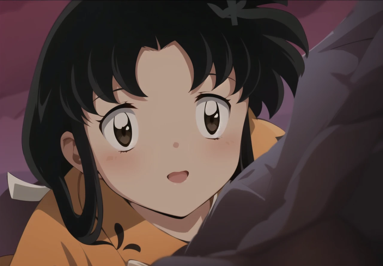 A beautiful girl in a yellow kimono, a beautiful bangs, carry some arrows, is called ((kaede)) kikyo's sister she is hiding behind some rocks