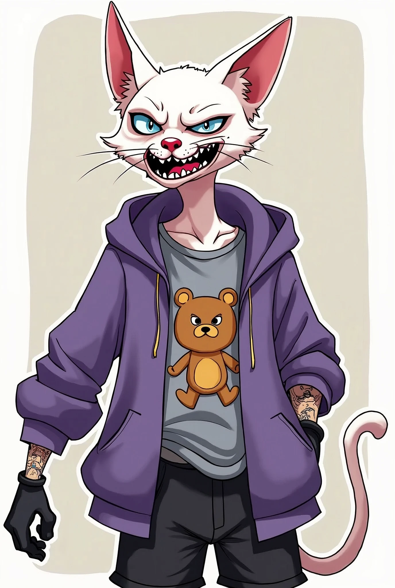 create a skinny male white humanoid cat, with a scar on her face, wearing an open purple sweatshirt and a gray t-shirt, with teddy bear print, black gloves, A pair of black shorts, light blue eyes with an angry expression, crazy face, he has some tattoos on his body, O estilo de arte deve ser o estilo Cartoon Adventure Time 