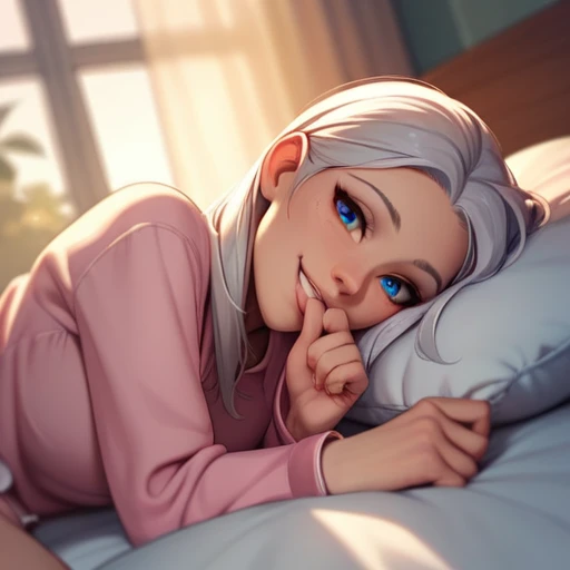 Silver-haired girl lying in bed in short pajamas, sexy smile, Whole body, (((Best Quality))), perspectival area, without underwear, biting a finger