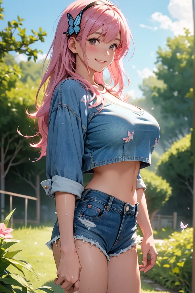 two-dimensional, masterpiece, best quality, Japanese cartoons, Very detailed, 1 girl, alone, cowboy shooting, Nino Nakano, pink hair, butterfly hair accessories, crop top , split, Denim shorts , medium breasts, permanent, School, outdoor, Smile，(huge breasts:1.2),wet skin