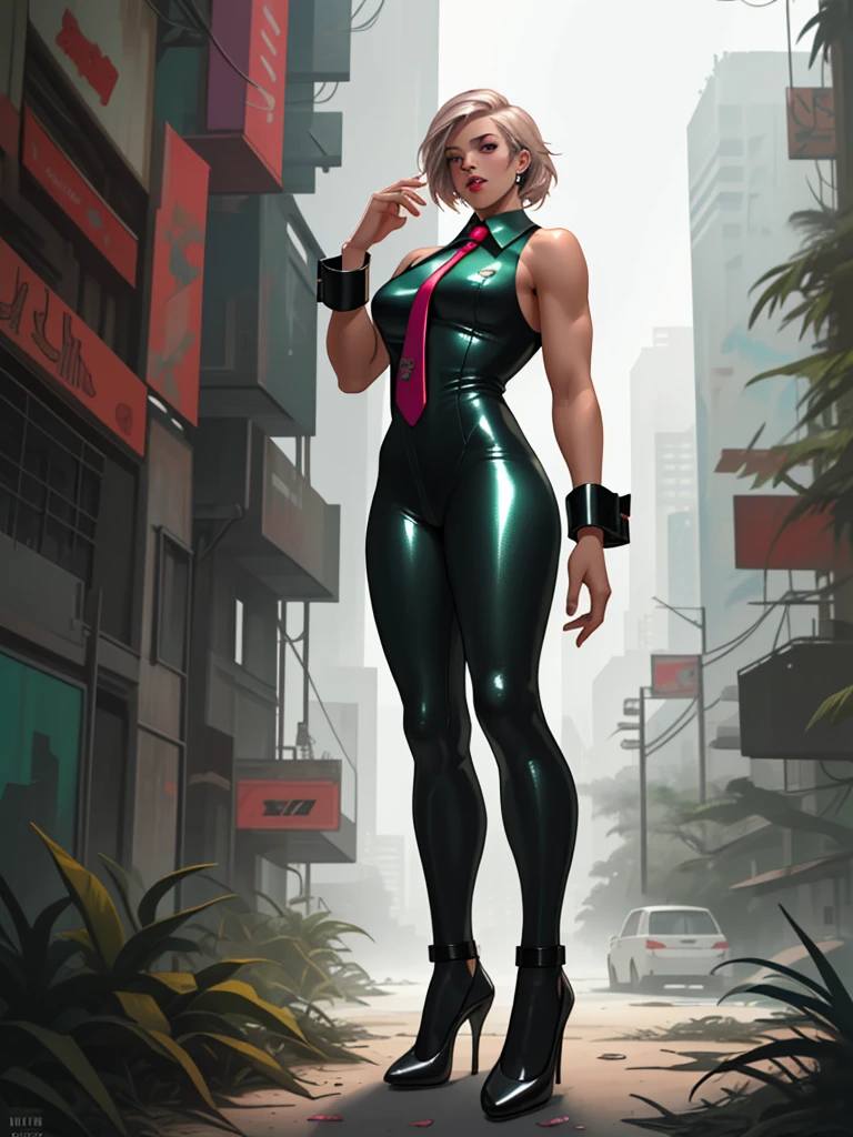 eve (stellar_blade), solo, bodysuit, necktie, abandoned cyberpunk city overgrown with plants, standing, looking at viewer, shiny clothes, skin tight, full body, bare shoulders, lips, green necktie, large breasts, muscular body, wrist cuffs, shiny, sleeveless, high heels, BREAK , zPDXL, score_9, score_8_up, score_7_up, score_6_up, score_5_up, score_4_up