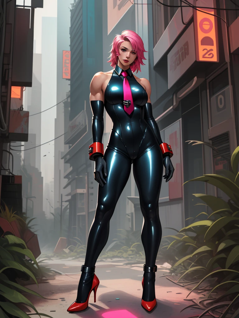 eve (stellar_blade), solo, bodysuit, necktie, abandoned cyberpunk city overgrown with plants, standing, looking at viewer, shiny clothes, skin tight, full body, bare shoulders, lips, green necktie, large breasts, muscular body, wrist cuffs, shiny, sleeveless, high heels, BREAK , zPDXL, score_9, score_8_up, score_7_up, score_6_up, score_5_up, score_4_up