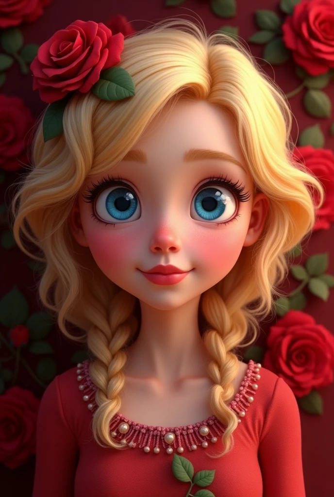 I want a Disney Pixar animation of a blonde girl with very prominent blue eyes and big eyelashes. A red rose in the hair along with a dark red background.
Her clothes are red like the flower in her hair, your full lips will also be in the shade of red.