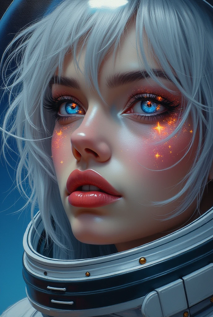 (Close-up of a better masterpiece:1.5)0.9], (Space and astronauts:1.2) (Messy silver hair:1.1) (Heterochromia xanthochromia and blue eyes:1.2) (Space Helmet:1.0) (Colored stars in the eyes:1.0) (A radiant glow:1.1) (thick lips:0.9) female showgun