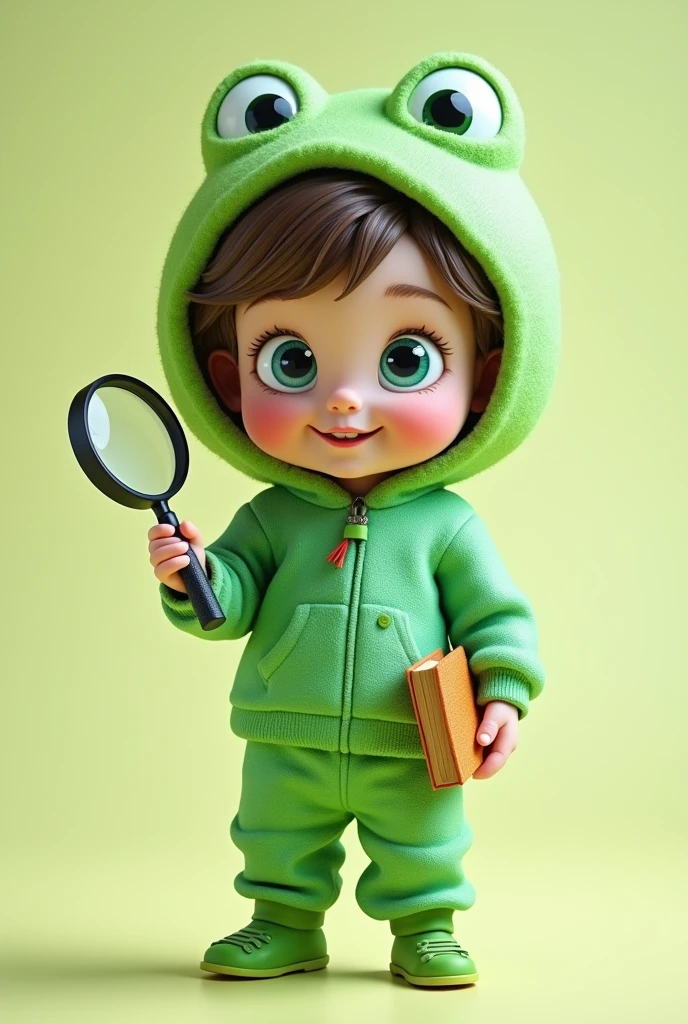 1. **Small Figure**: A small-sized figure to give the feeling that he is beginning to explore the world.
2. **shocked expression**: Wide open eyes and a facial expression that shows surprise and excitement.
3. **upright posture**: A straight posture to convey interest and attention.
4. **colors**: Use a bright green or light blue to give it a fresh and enthusiastic look..
5. **Accessories**: Includes a magnifying glass in one hand and a book in the other to emphasize the inquisitive character.
6 clothes : that shines