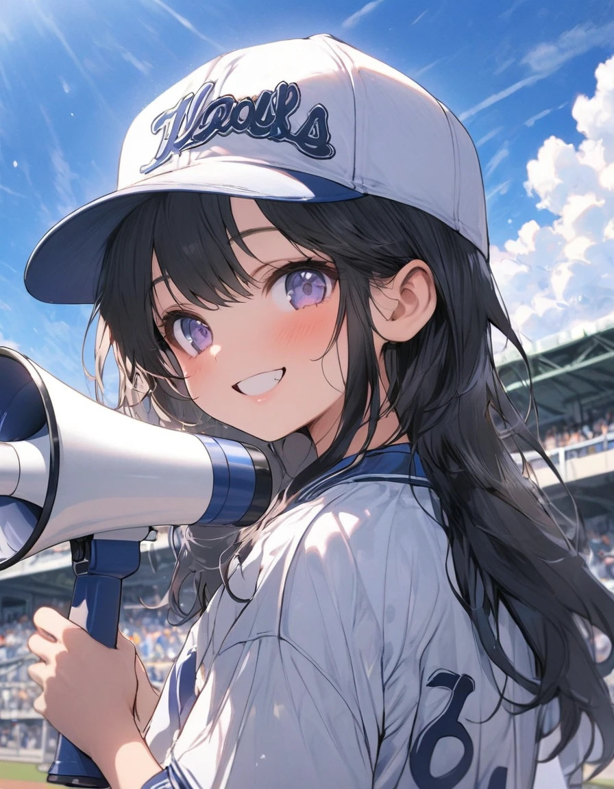 Masterpiece, 10 year old girl, Black hair, short ha, Baseball club, wears uniform, put on a cap, have a megaphone, blue sky, smile, big cloud, In the bleachers of the baseball stadium, Upper body