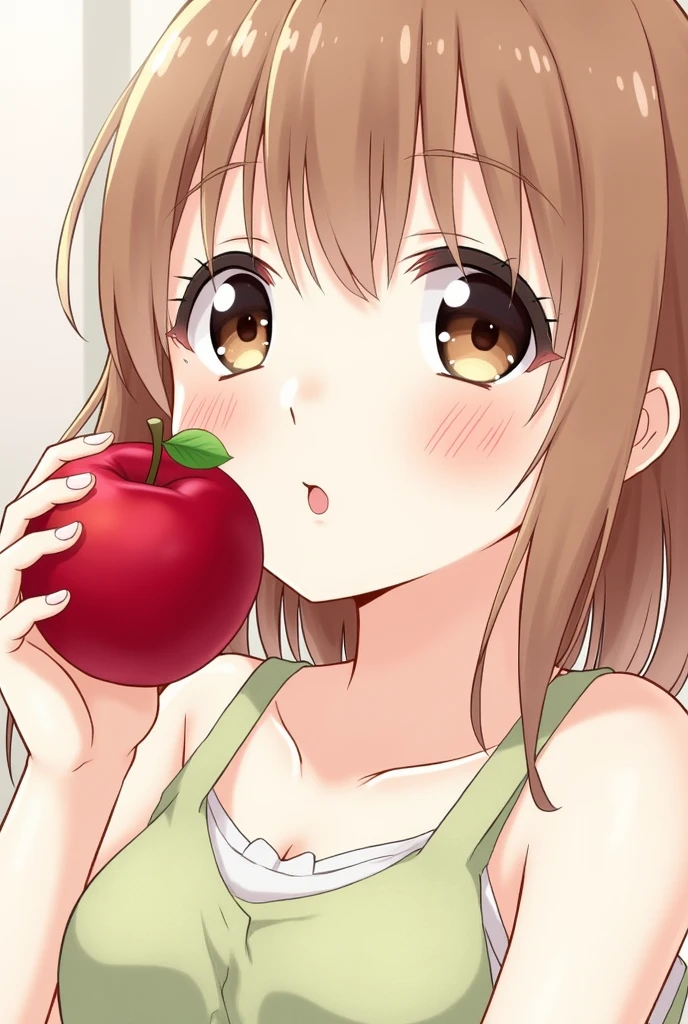 Japanese anime、girl、holding a red apple next to one's face、pout、Kiss the apple、Close ~ eyes、upper body