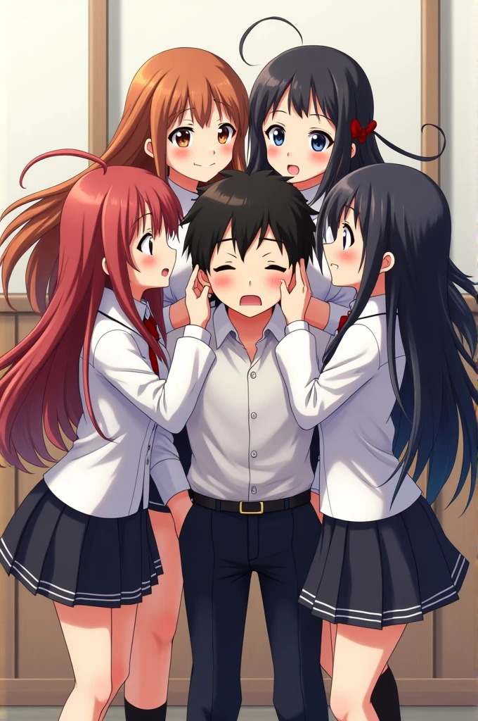 Group of school girls with long hair and black skirts on top of blushing boy in anime