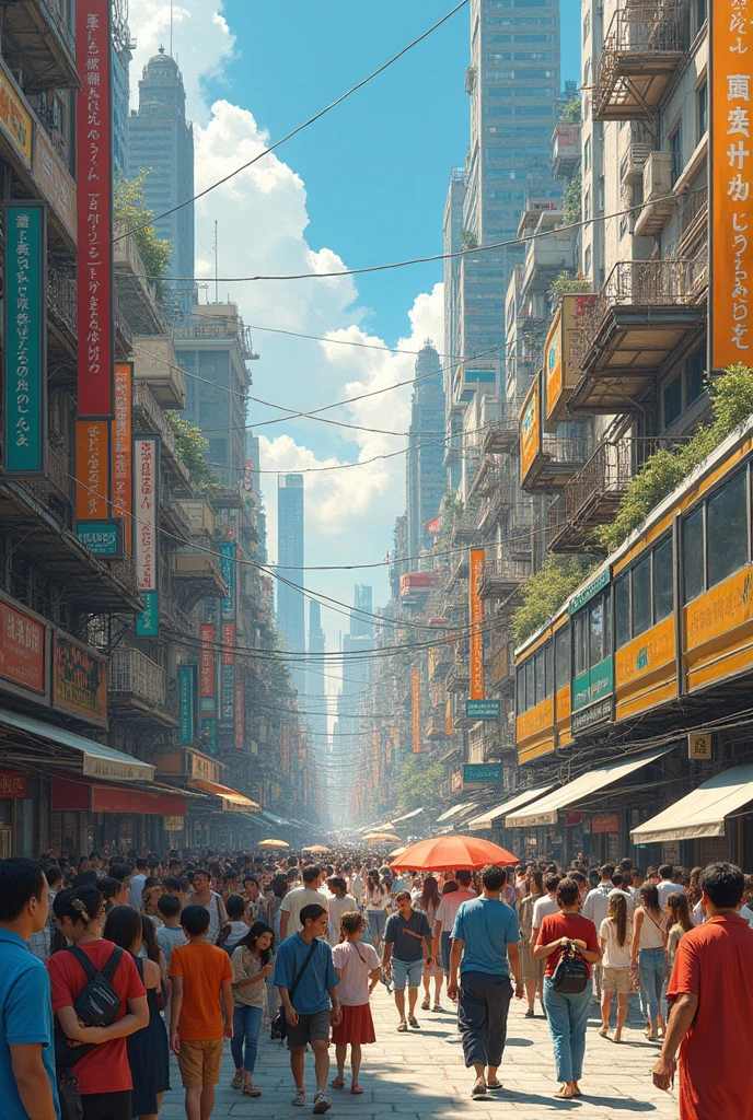 The teacher points to a drawing on the board that shows a society in the form of a large city., with people interacting with each other.