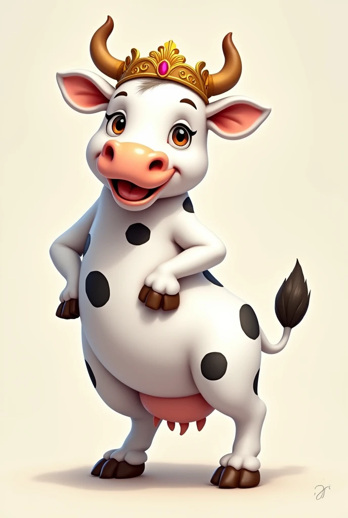 Cartoon of a majestic white cow with black spots standing on its two hind legs and with its front legs on its hips, winking and flashing a cheerful smile wearing a beautiful Greek crown and dressed in typical Greek clothes.