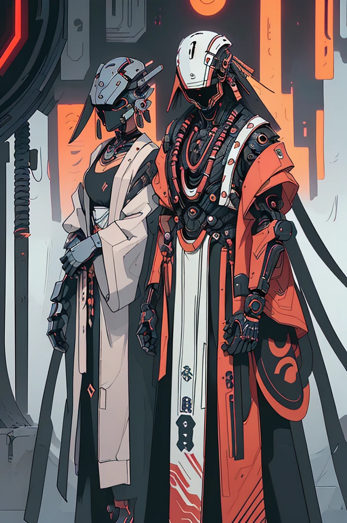 masculine male samurai, strong stature, mechanical body, futuristic kimono, cyberpunk aesthetic, long masculine braided hair, high fantasy environment, feudal Japan, high-tech Zen Garden, futuristic samurai armor, high quality, drawn anime style, perfect anatomy, turning at an angle,