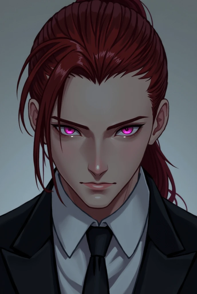 A guy, looking at viewer, medium hair, black hair, pony tail, red hair, Purplish-red eyes, Still face, death stare, upper body, suit, wedding, wedding suit