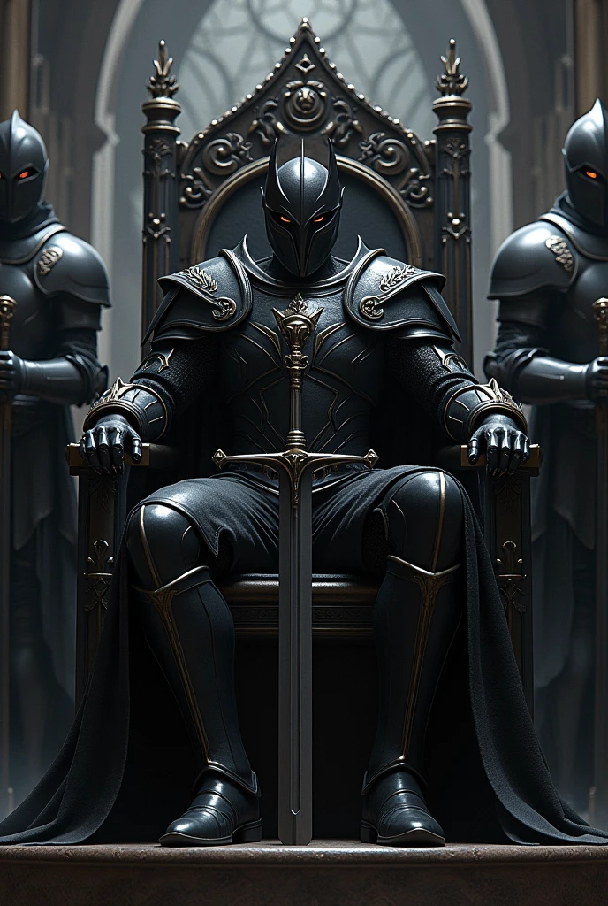 Dark knight sitting on throne with sword with 2 knights on each side of the throne