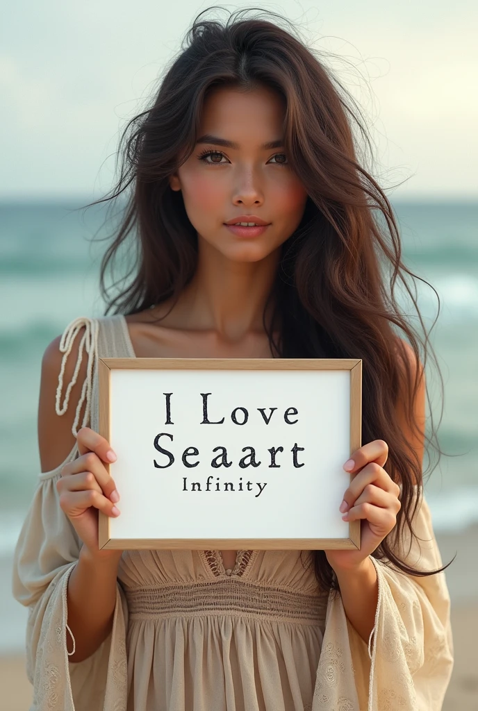 Beautiful girl with wavy long hair, bohemian dress, holding a white board with text "I Love Seaart Infinity" and showing it to the viewer