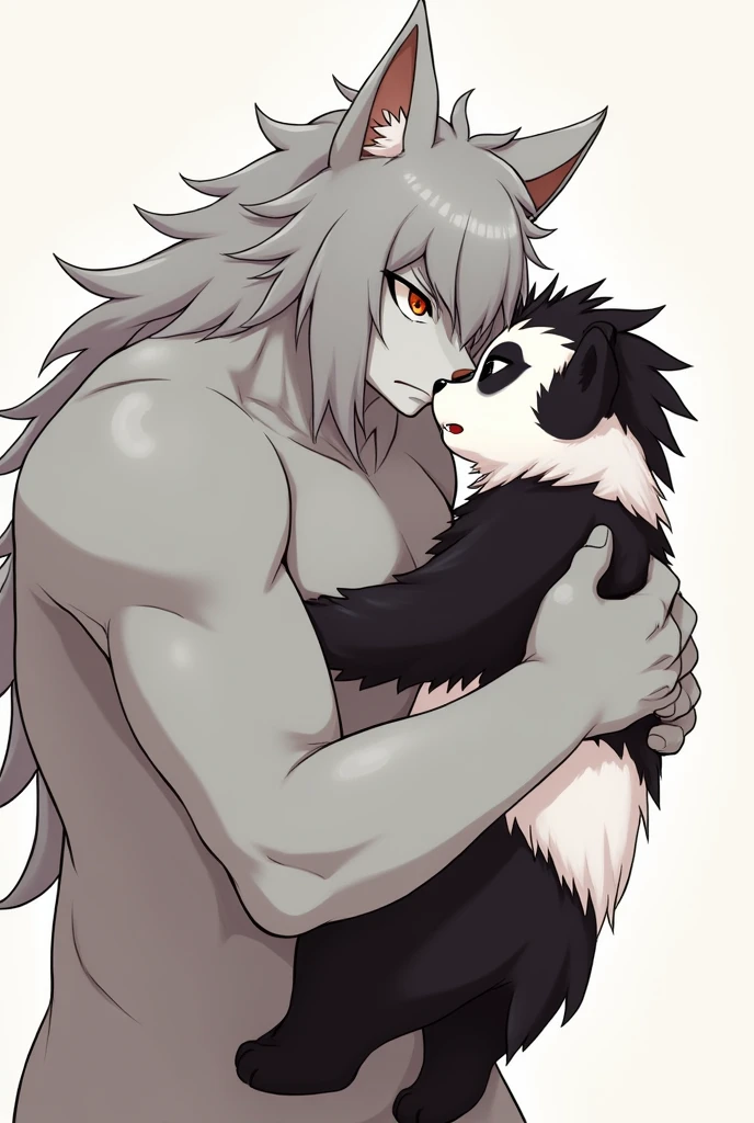 A straight-haired gray wolf and a curly-haired panda, both furries, hugging each other and about to kiss. 2D image