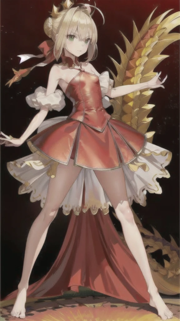 Blonde flat chest，crown，red scales，Red Dragon Tail，Little red dress，Thin legs，barefoot，Standing，rosarium