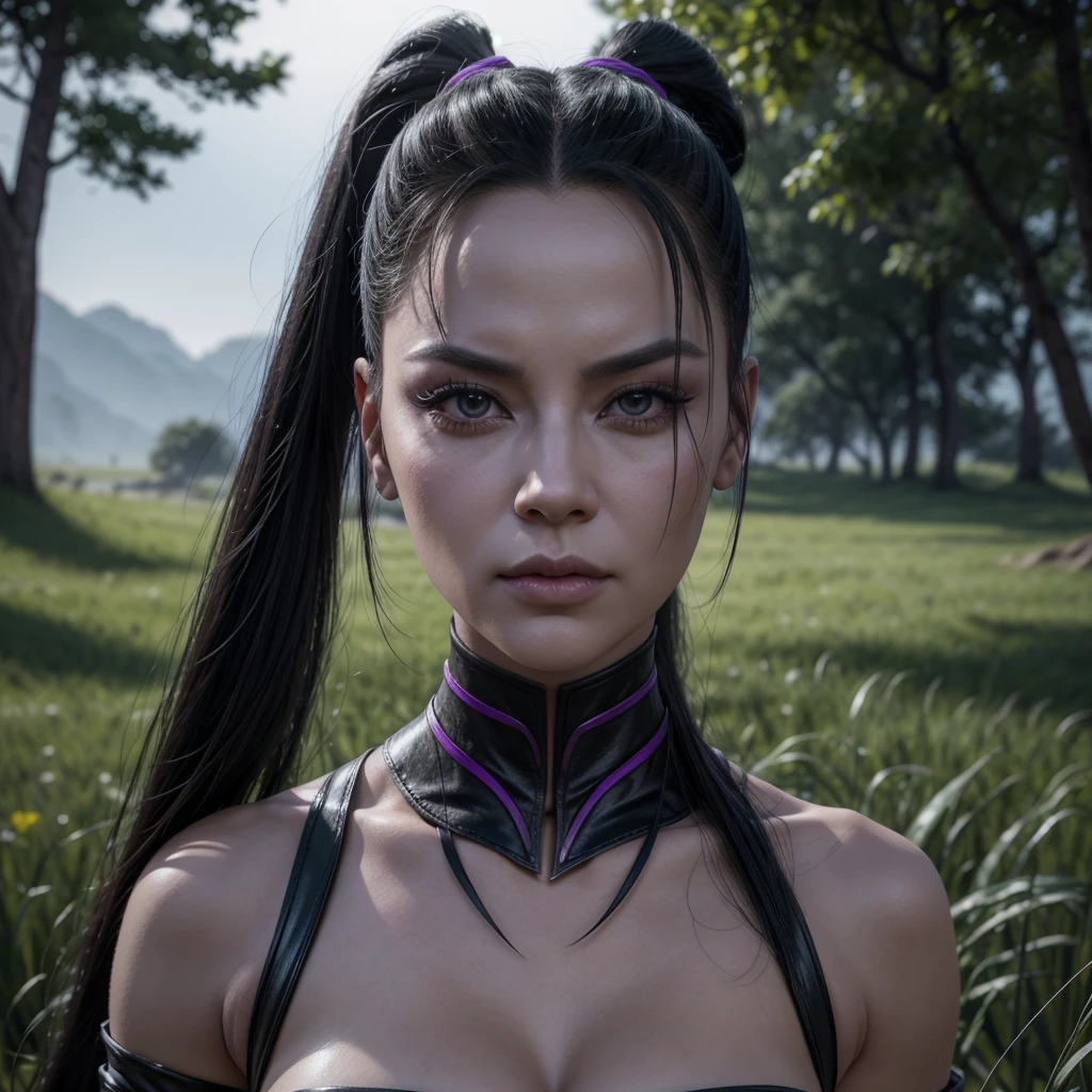 Sindel de mortal Kombat 1 2019, sindel is standing in the field with a normal look, sindel is in full body.