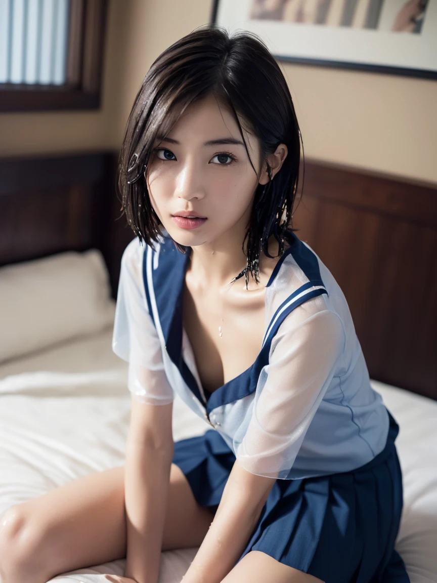 (masterpiece:1.2), Very detailed, Ultra-high resolution, (Realistic, photo Realistic:1.6), High-resolution RAW color photos, Professional photos, Sharp focus:1.2, (Very detailed顔と肌の質感, Very beautiful eyes, Glossのある肌, Glowing Skin, Glowing Skin, Shining Face, Gloss, Oily skin, greasy face, Oily skin, greasy face,),, (real Glossのある肌 texture), Perfect Anatomy, Very detailed背景,(Single Bed),((1 female)),25-year-old woman, Japanese women,height: 168cm,(short hair, Straight hair, bangs, Brown Hair),(Flat Chest:1.6),(Slim, thin legs), ((((Short Sleeve White Sailor School Uni形状、Navy blue pleated skirt:1.5、Sexy T-panties under skirt))),(Sit on the bed)、(((Wet, see-through clothes:1.5)))