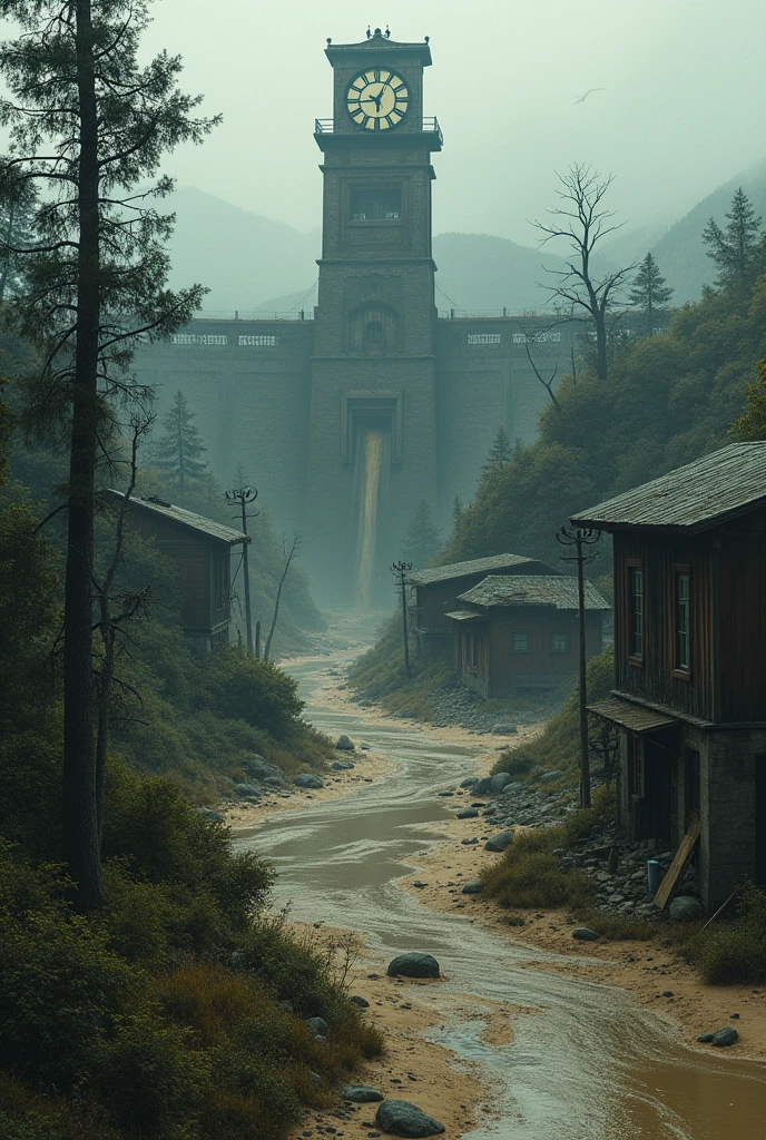 Create an image of a ghost town surrounded by a dam with dirty water on the inside banks, This city is divided into 3 parts, one completely abandoned, another with several large trees and another full of sand, in addition to having a large clock tower in the center. The year in which this city takes place is 1980.