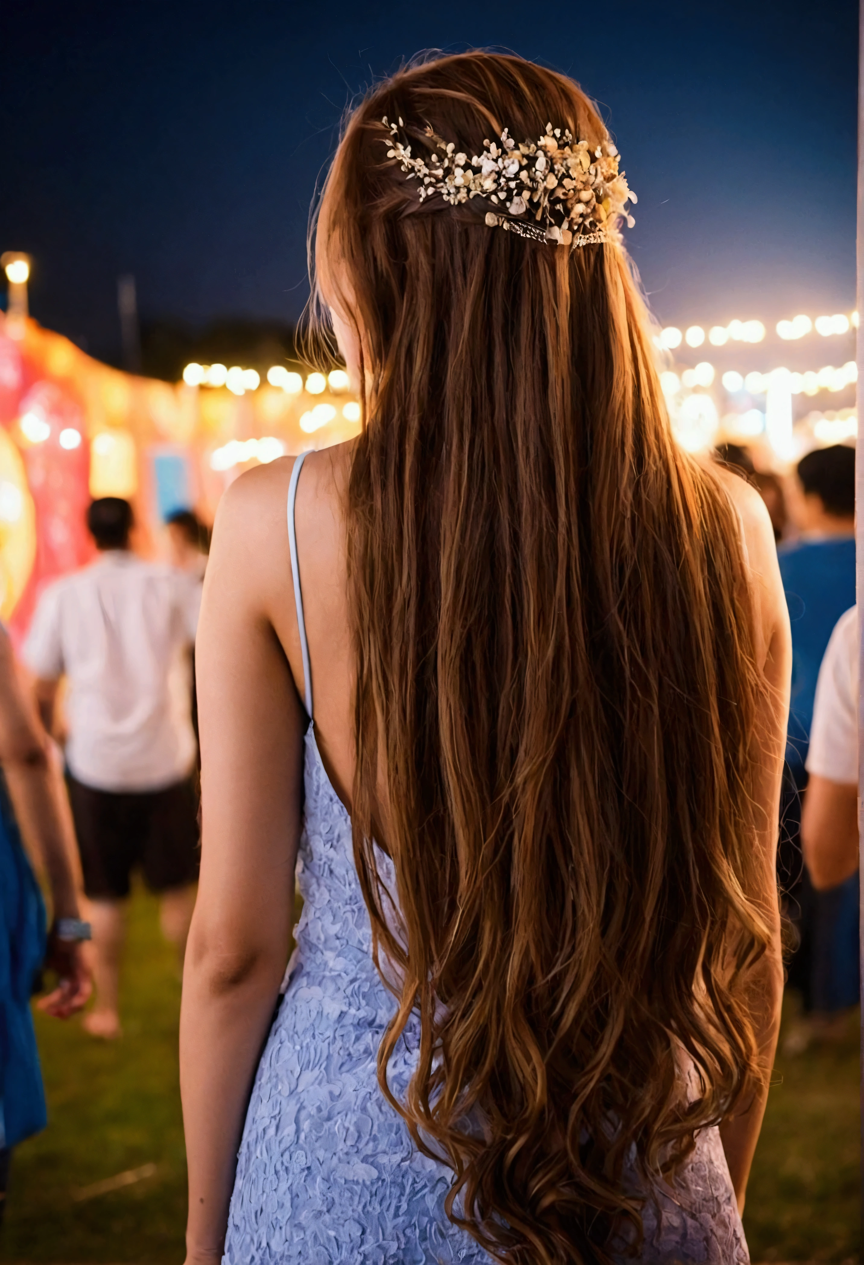she,Back view,Long hair down, Summer festival,night,crowd