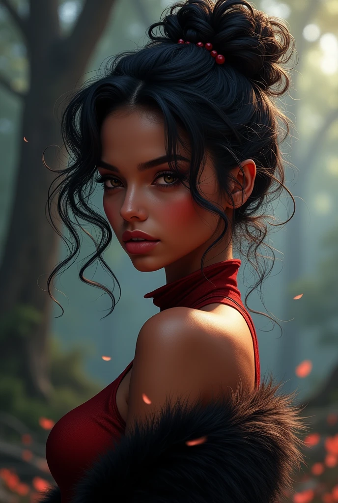 A woman with her hair up with an accessory putting her hair up,with black hair,de brown skin,a short woman,with small eyes,Digital,imagen ia Digital,black fur,brown skin,with a dark red demon hunter clothing,with black brown eyes,with wide and large lips,curly hair