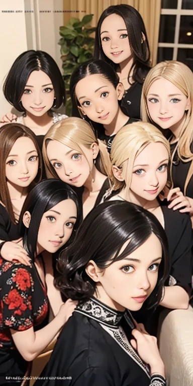 Perfect anime illustration, 100 Girls, all girls are sisters, The sisters are close together, Sisters in the background, Matching hairstyles, Brown Hair, Blonde, Curly Hair, Matching hairstyle, Hazel Eyes, Smiley Nutting Costume), High resolution, whole body