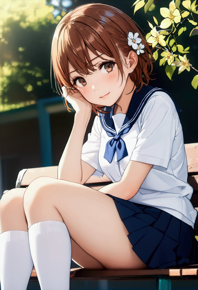 (nsfw:1.5),Misaka Mikoto,MIKOTO,sexy,Annyu,adult,((Droopy eyes)),（Small breasts）,Short Hair,Dark brown hair,Dark brown eyes,hair ornaments＿flower,Baby Face,8k wallpaper, (shape:0.8), (Beautiful attention to detail:1.6), Highly detailed face, Perfect lighting, Extremely detailed CG, (Perfect hands, Perfect Anatomy),School Uniform,White T-shirt,mini skirt,White socks,Black shoes,Schoolyard,Sitting on a bench,Bright smile,Enjoyable school life