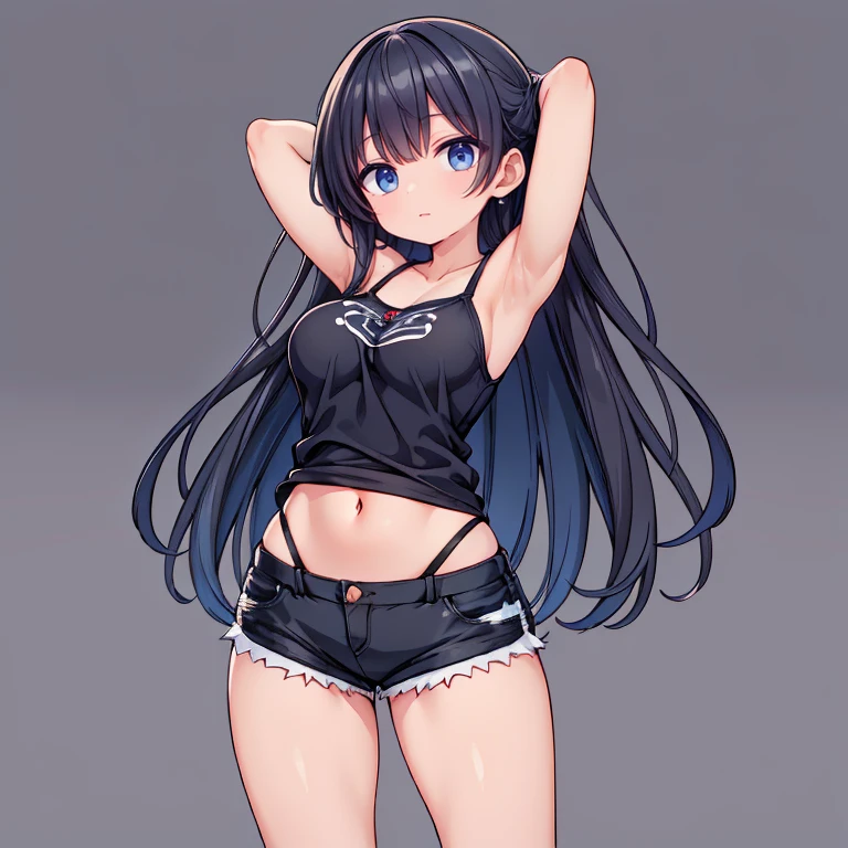 Anime Kawaii sexy Perfect Slim sensual body large breast and huge thighs, An intricate and highly detailed illustration of anime (Young girl) (Extremely detailed CG 8k unity wallpaper), (work of art), (best qualityer), (ultra detali), (best illustration), (best shade), (absurderes), 1 girl, standing alone, Chihara, 1 girl, standing alone, Bblack hair, Shorts, long hair, looking ahead at viewer, black Shorts, arms behind the head, contrasted, spread armpit, camisole, Eyes red, breastsout, aretes, short Shorts, cowboy shot