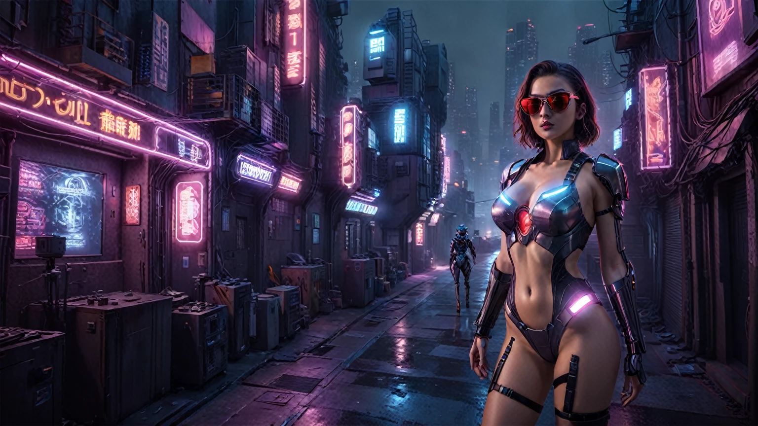 (Aerial view). There's a cyborg woman (8k) wearing a futuristic leotard (best quality), a cyberpunk city alley at night, flying cruising robotic owl, darksynth aesthetic, red neons, haze, foggy night, ultra detailed, photorealistic, (1girl, solo, alone), large-breast:1.2 slim body, cleavage:1.1, (black sunglasses), (holding a pistol), dynamic pose, half-body thigh level medium shot, cinematic lighting, ray tracing.