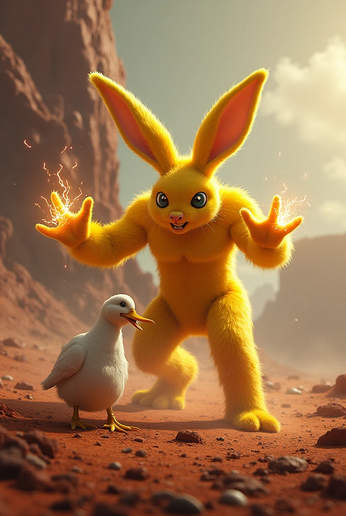 A yellow humanoid rabbit on Mars throwing a power and killing a humanoid duck