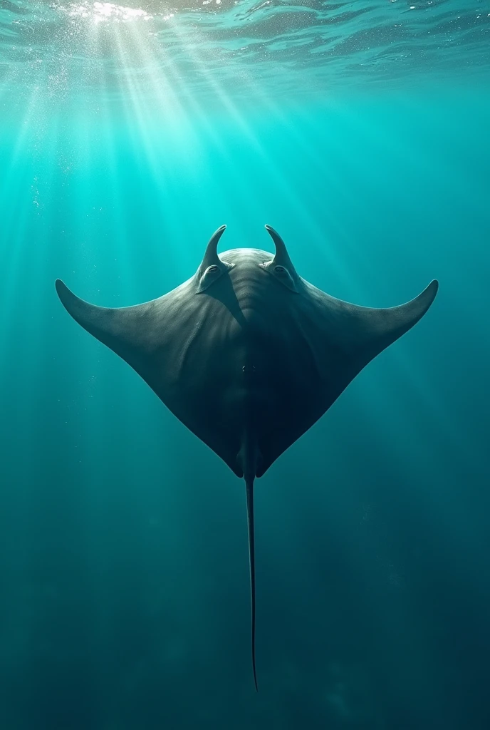 Manta ray in the turquoise blue ocean seen from above
