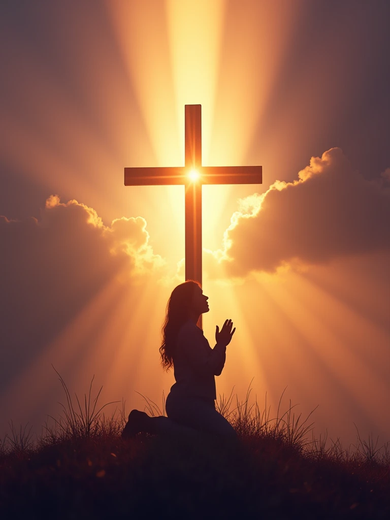 No lower song, a silhouette of a person with hands raised or clasped in prayer, looking at the cross. This adds a human and emotional touch to the image..  rays of light descending from the sky, symbolizing the divine protection that Psalm 91 promises.   Soft golden tones, blue and purple, that represent spirituality, tranquility and reverence. The text must have a strong contrast with the background (like white or gold on a dark background), to ensure it is easy to read. The cross and title may have a slight glow or halo effect to attract the eye and convey the idea of holiness.. Channel Logo: Place your channel logo in the bottom right corner, inconspicuous, but visible, to maintain the visual identity. This cover is designed to attract immediate attention and clearly convey the spiritual theme of the video., encouraging clicks and engagement on content,8 k quality,fullHD