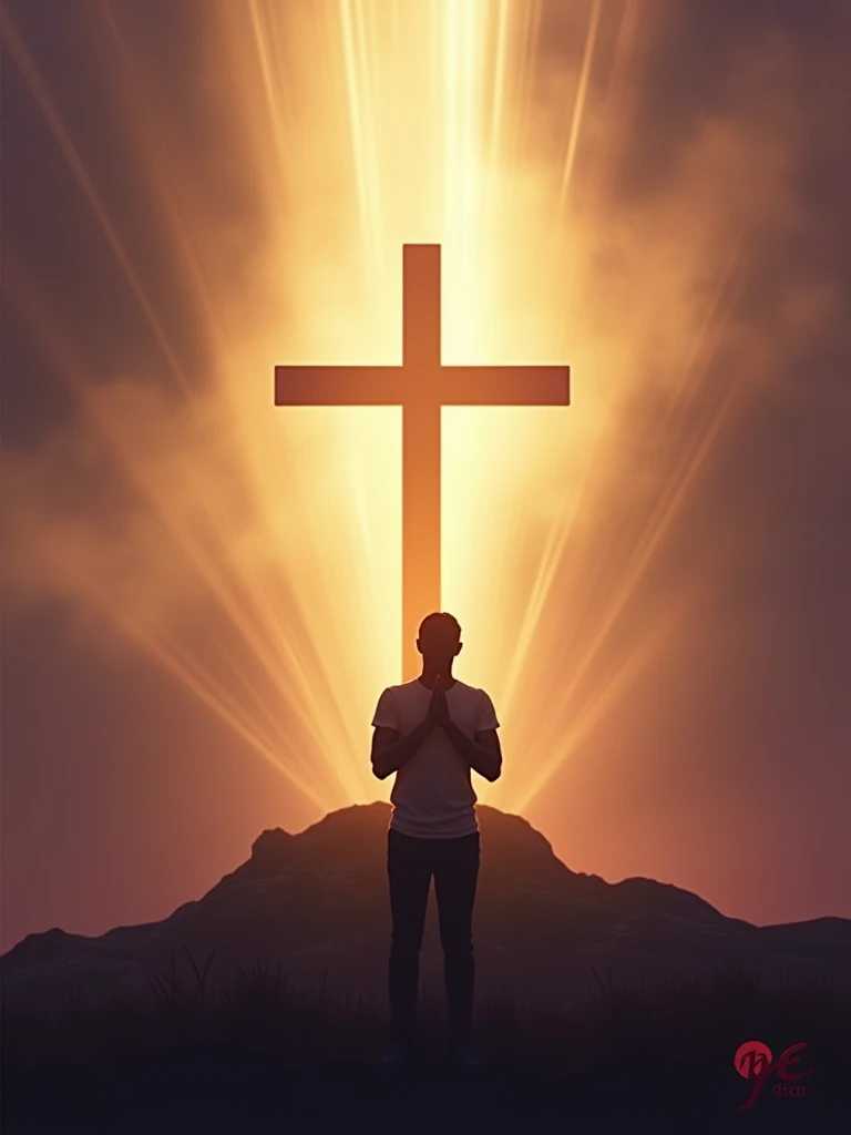 No lower song, a silhouette of a person with hands raised or clasped in prayer, looking at the cross. This adds a human and emotional touch to the image.. rays of light descending from the sky, symbolizing the divine protection that Psalm 91 promises. Soft golden tones, blue and purple, that represent spirituality, tranquility and reverence. The text must have a strong contrast with the background (like white or gold on a dark background), to ensure it is easy to read. The cross and title may have a slight glow or halo effect to attract the eye and convey the idea of holiness.. Channel Logo: Place your channel logo in the bottom right corner, inconspicuous, but visible, to maintain the visual identity. This cover is designed to attract immediate attention and clearly convey the spiritual theme of the video., encouraging clicks and engagement on content,8 k quality,fullHD