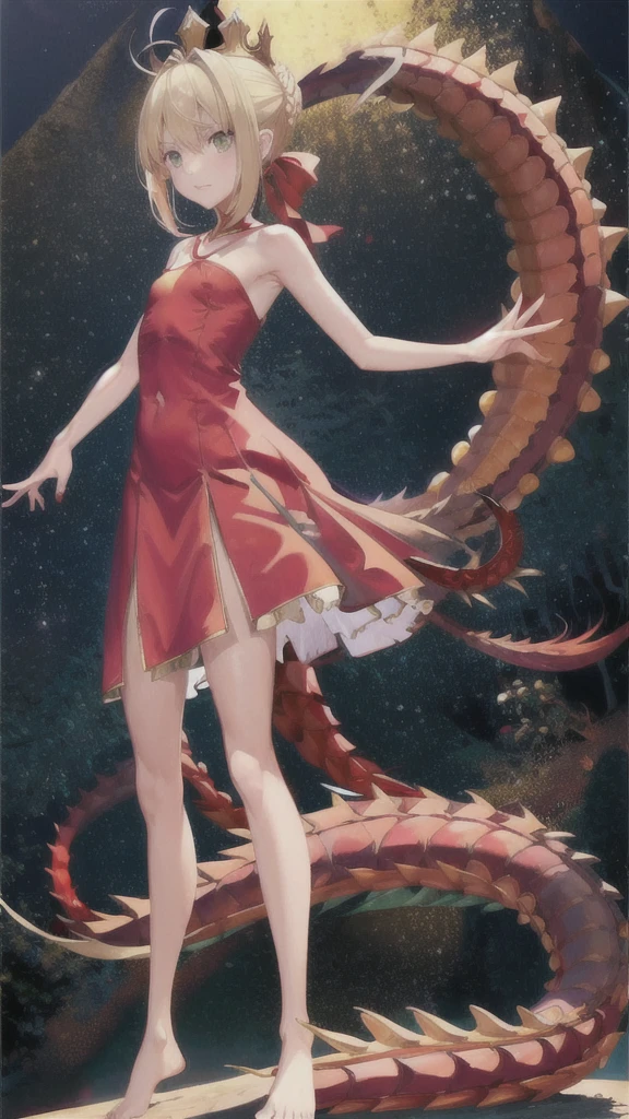 Blonde flat chest，crown，red scales，Red Dragon Tail，red dress，Thin legs，barefoot，Standing，rosarium