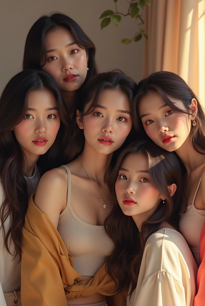 ((Best Quality)), ((masterpiece)), (detailed), ((Group of friends)) four girls, Song Yuqi de g-idle, Joy de red velvet, Shuhua de G-idle, Seulgi de red velvet, Next to them is a boy Mingyu from , the closest thing to kpop reality