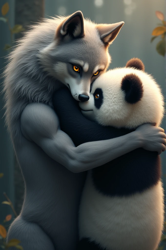 A grey wolf and a furry panda hugging passionately