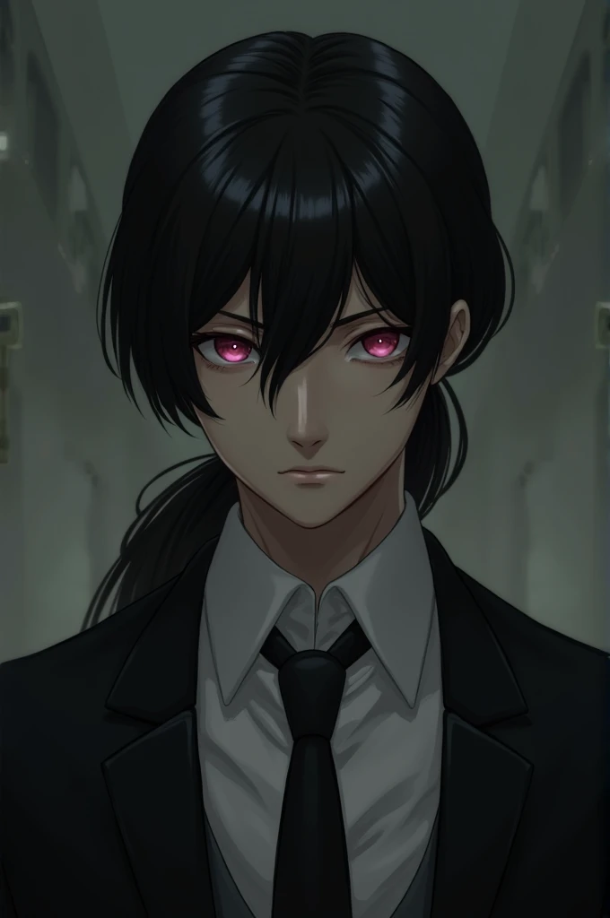 A guy, looking​ at view​er, medium hair, black hair, pony tail, red hair, Purplish-red eyes, Still face, death stare, upper body, suit, wedding, wedding suit