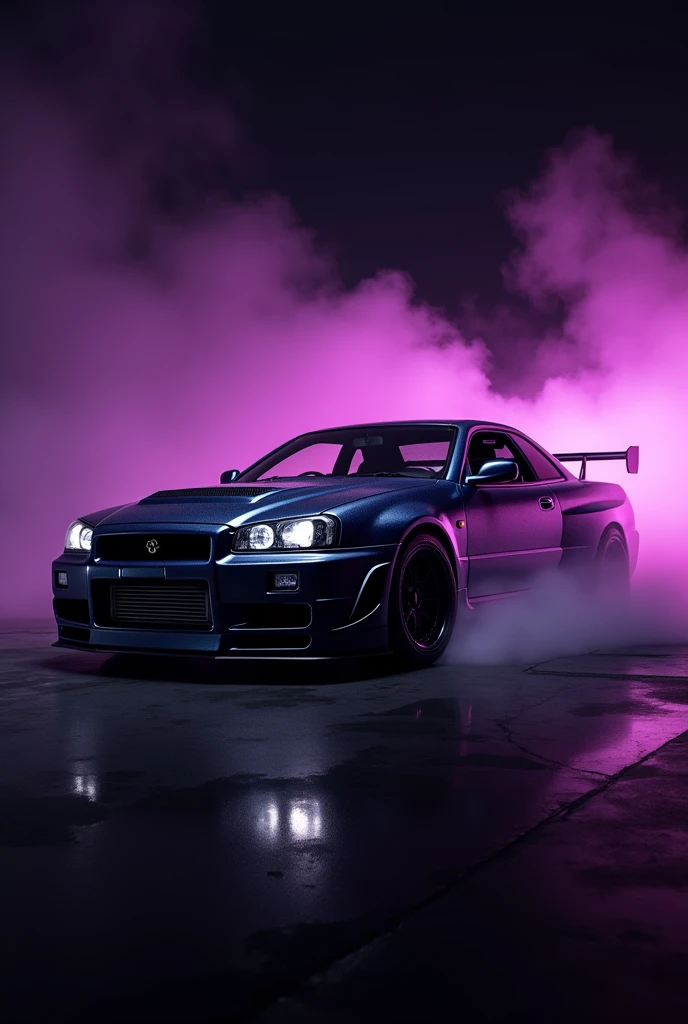 create a high quality and realistic wallpaper of the nissan gtr skylline car from fast and furious on a black background with purple fog