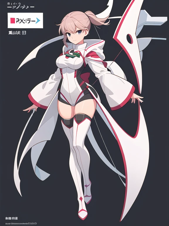 (((Best Quality))) , ((full body)), female, reference sheet, solo, (white background), thigh high, archer,