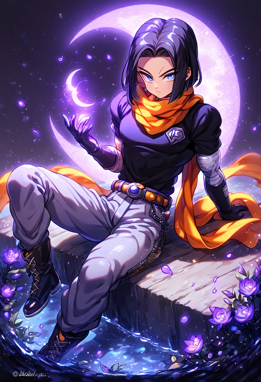 absurdres, highres, ultra detailed, HDR, master piece, Android 17, black hair, expressive blue eyes, orange scarf, black shirt, gray pants, black gloves, Dragon Ball Super, sexy man sitting, handsome, best quality, purple glittering crescent moon, purple flowers, fantasy, magical, solo, water, purple shining fireflies, purple petals, sensual, purple fire,