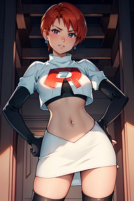 leonie pinelli, orange hair ,short hair ,earrings, glossy lips ,team rocket uniform, red letter R, white skirt,white crop top,black thigh-high boots, black elbow gloves, evil smile, hands on hips